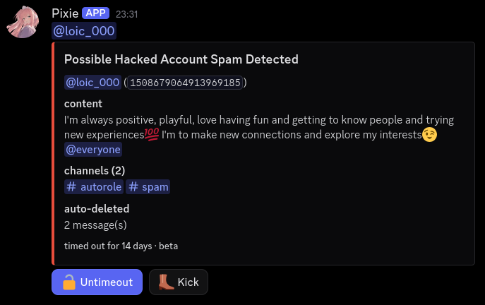 Pixie's hacked-account spam alert